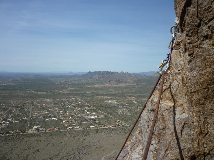 The nice, good rappel bolts on Spider Walk.