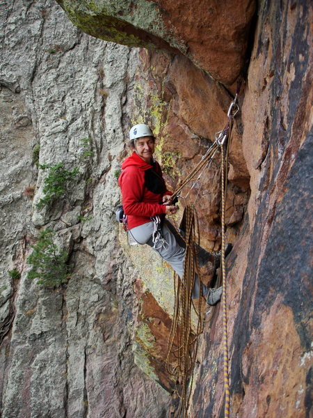 Lin Murphy at the hanging belay at the top of P1, 1-9-10.