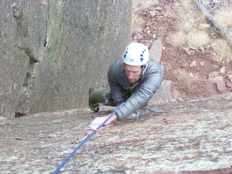 Below the last bolt near the end of the 5.10 climbing.