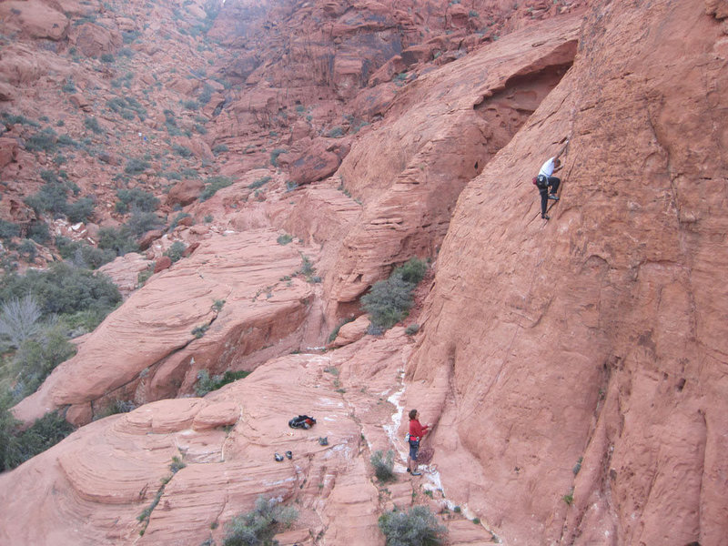 Mike Newheart leading and Liz Murray belaying.