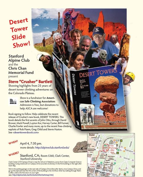 Promo poster for Steve "Crusher" Bartlett's slideshow at Stanford University April 4th