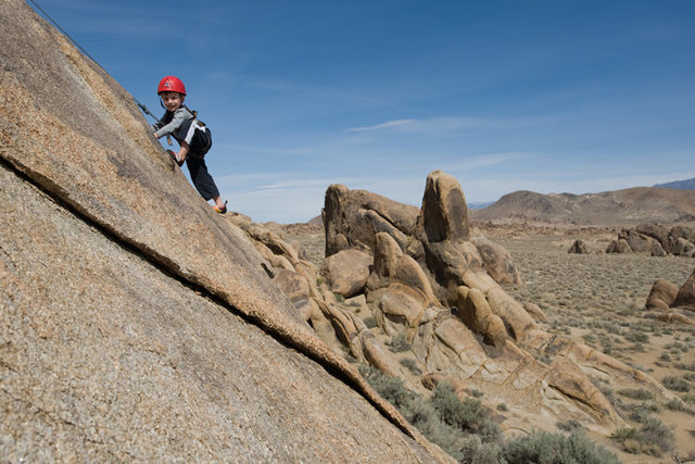 Bryson Fienup (at age 4) climbs Rhythm of the Range, in the Alabama Hills
