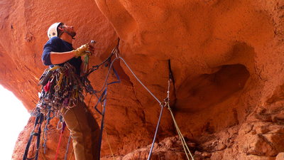 Erik starting the roof on pitch 2. His first aid lead..ever. Proud pitch.