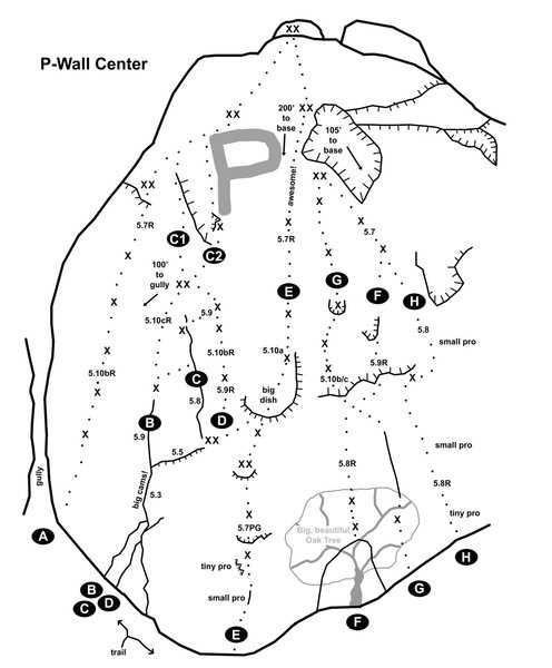 Topos for Center of P-Wall. Source: www.centralcoastclimbing.com NOTE - there may be additional bolts (not shown in topo) at top of Impacted Stool Crack (B) & Black Streak (D). Other popular climbs include Out of Hangers (A), P-Crack (C), Jump for Joy (E) and P-Wall Direct (H).