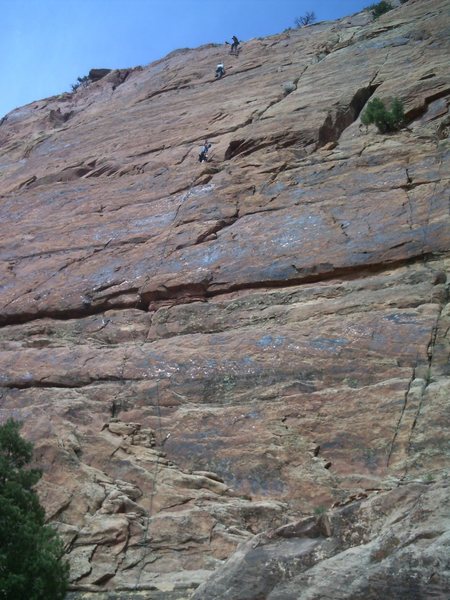 Jess at the first or second belay, depending on how you want to do it. John and Chad are finishing up on Road To Nowhere.