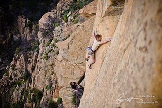 Andy Patterson enters the lower crux of Broken Mirror. The climb follows the small, right-trending dihedral.
