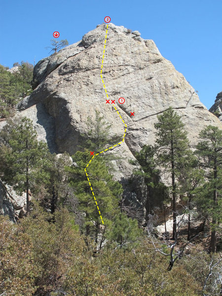 Rough topo of the Standard Route. An all-gear anchor is possible in the crack down and right of the 2 bolts (one of which is old). Many options possible for second pitch.