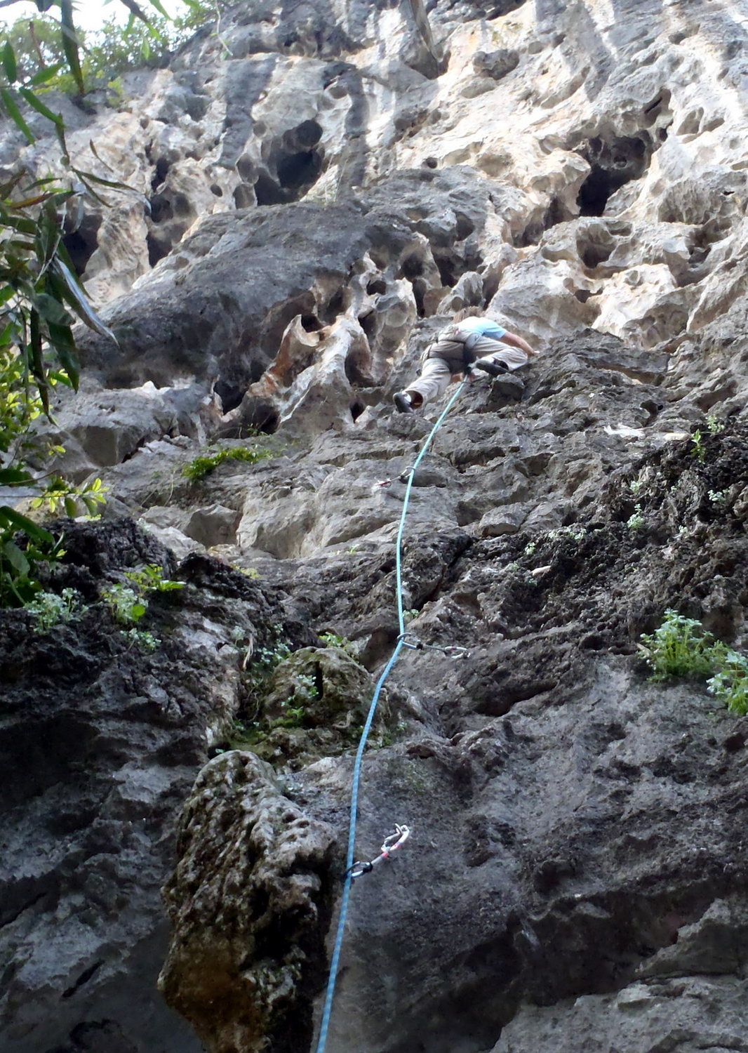 Ken headed up two faced 5.8. Swiss Cheese Wall Yangshuo.