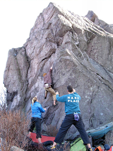 Sam Stephens on the FA of "Braveheart" (V2) on the Sunset Boulder, Highlands Area