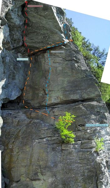 The various upper ampthr routes in the vicinity. Orange line is Doan's Pills. (Ignore the blue line showing finger love continuing up after the traverse). Rap slings located at the dark area near where the blue and orange lines cross and just beyond the orange arrow point (double rope). Also possible to scramble up and off to find another way down if these slings look old/sketchy.