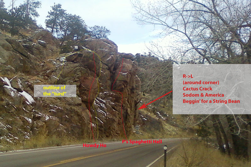 The dotted line indicating Howdy Ho is not quite right. The route begins on the slightly downstream-facing aspect of "the turd" and stays on that side for about 2/3 of the climb. Let's just say "perspective warped to show routes"....
