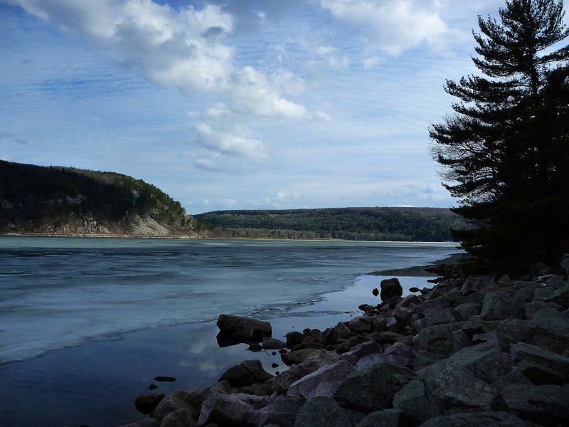 My favorite time of year to boulder, when the ice is still in. April '11, looking across at the east bluff.