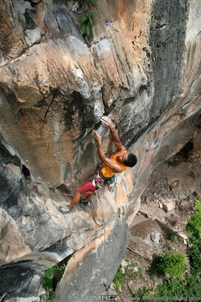 Steep but juggy climbing guards the anchors on Bamboo Finders