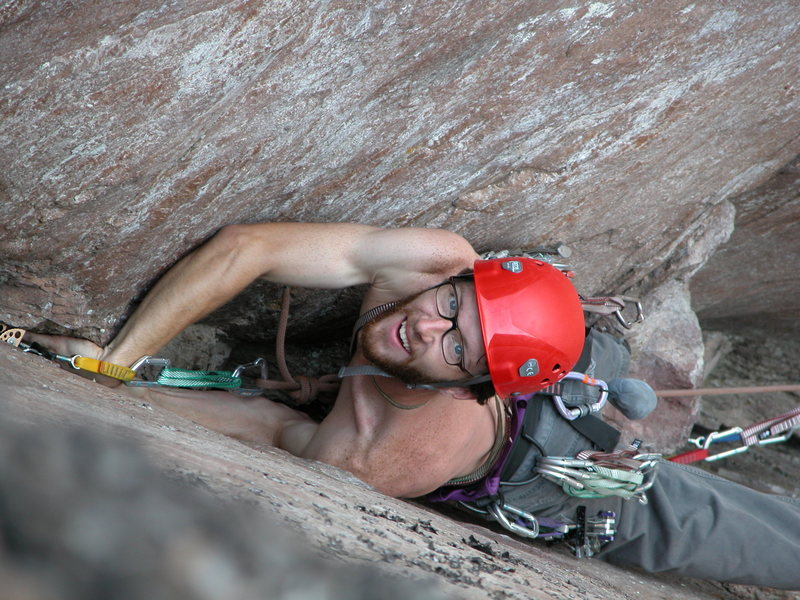 Mark on "Mack the Knife" 5.10b at Palisade Head, MN.