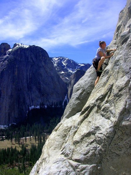 Kristen climbing the Right Side Route on The Footstool