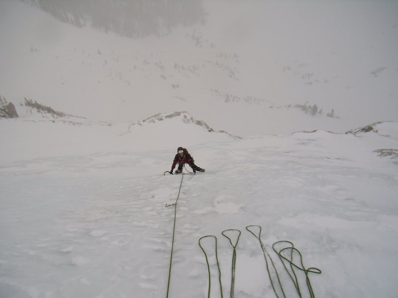 John Klooster on the upper slab pitches of West Gully. Black Lake RMNP. April 17th 2011.