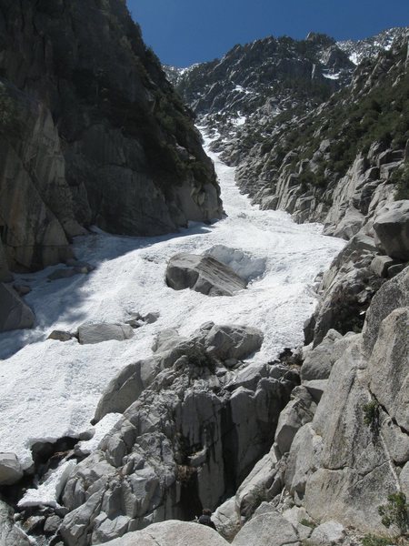 The start of the snow tongue, just above the massive chockstone. 5,300' of snow/ice to the summit