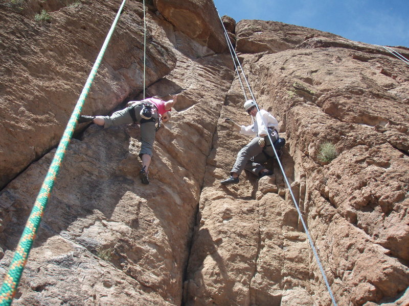 Karen (right) on Projectiles climbing next to Susan (left) on Queen Creek Freak (5.9)
