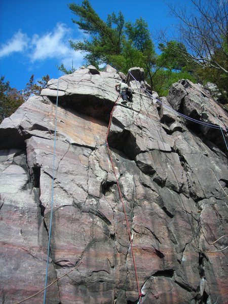 4-24-11. A nice shot of how "Cop Out" pans out on the lead. Dmitriy almost at the top.<br>
<br>
Photo by Eric Puescel.