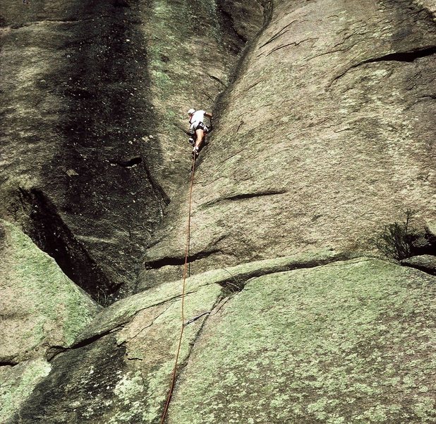 Gary leading on a 1984 ascent of Classic Dihedral.