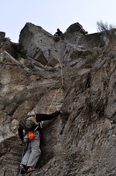 Pitch two. Fun blocky climbing to a corner which demands good footwork.