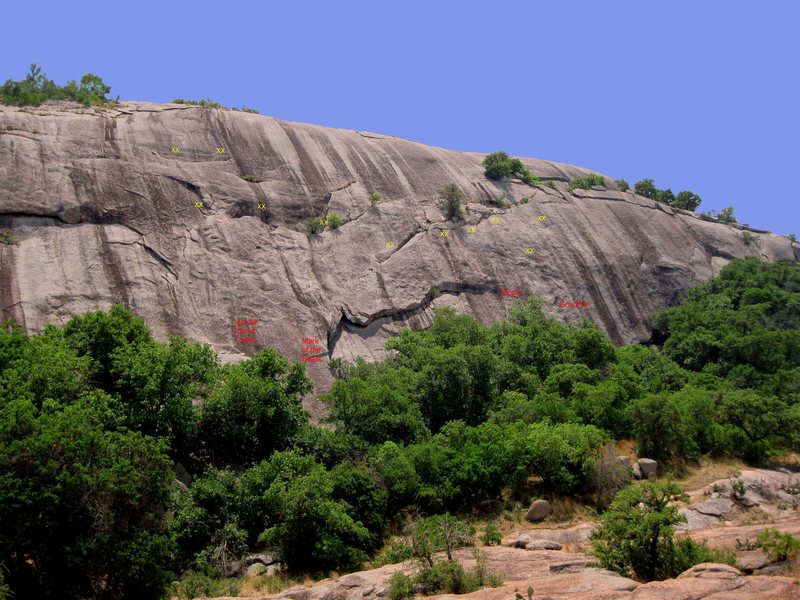 The Main Shield, with some stations shown in approximate locations. Some routes on the Devil's Slide (left), and the Cheap Wine Wall (right) are marked for reference.