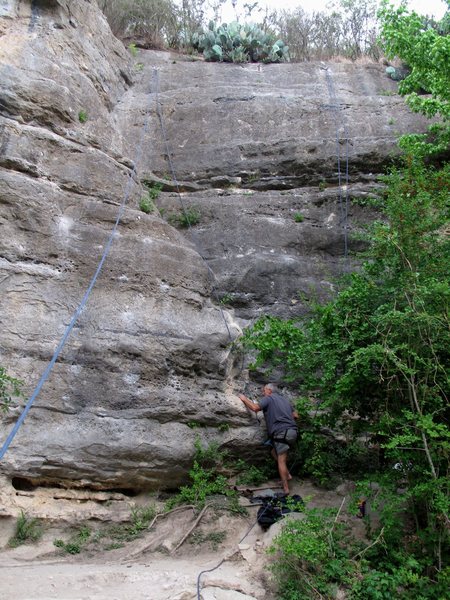 My father gives it a go barefoot :) Rope on the right hangs through the anchors for "She's No Dog: She's my Wife"