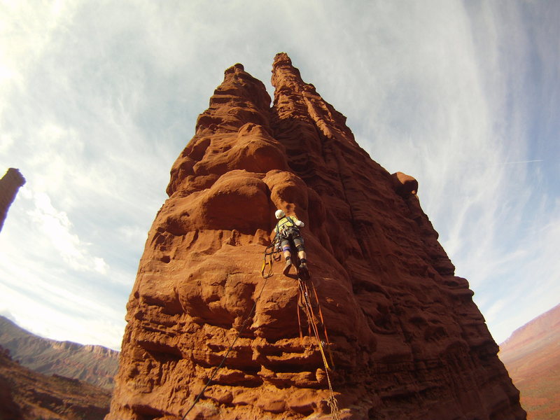 The beginning of the pitch 5 bolt ladder of West Side Story on Cottontail Tower.