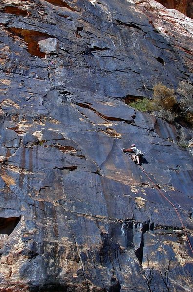 Greg Jackson pulling through the crux on 'Mushroom People', Brass Wall