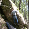 Going into Mothership V2 traverse crux.<br>
<br>
Jim walked it. 1st day back for the season.