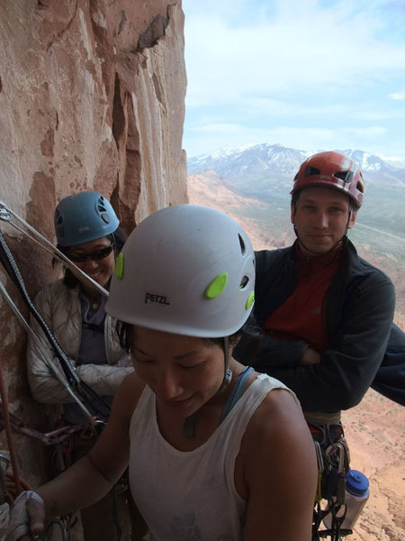 Joan and 2 climbers from Seattle on the spacious P3 belay ledge.