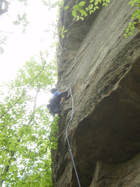 Just below the crux. Notice the snaking arete covered in not-so-good pockets.