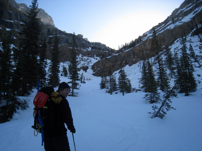 Major avalanche gully on the way in to Mount Hector. This is right where the trees end, there is also a waterfall ice climb on the right.