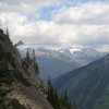 Looking back towards the Canadian Rockies from the steep slabs along the trail.