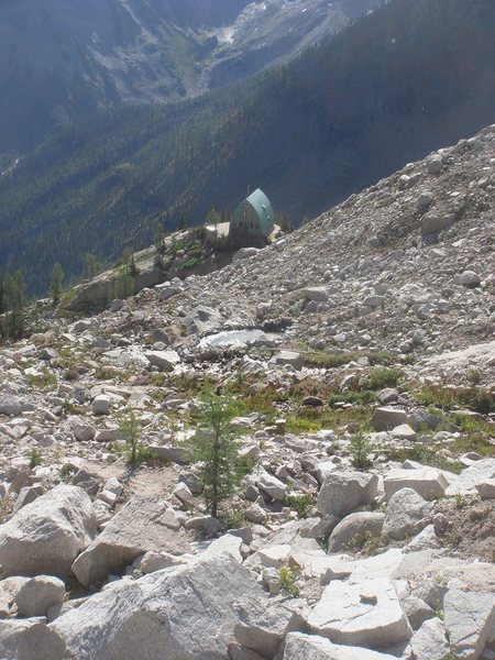 Looking down the talus slope; another view of the Kain hut.