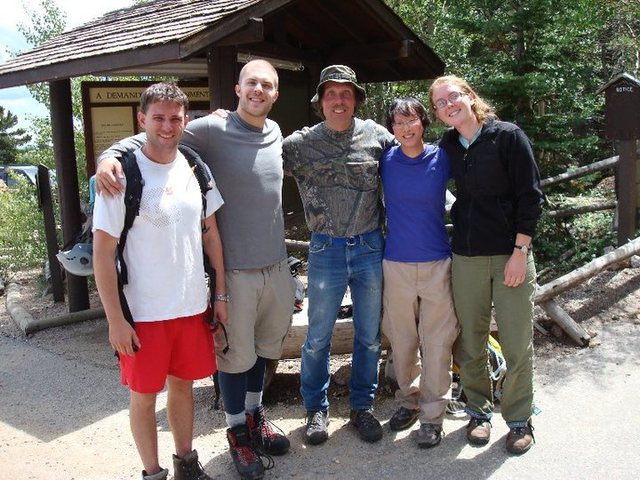 Getting back from the North Face of Longs and celebrating Jim's record breaking 351st Ascent of Longs Peak.<br>
Left to Right: Beau Burris, Austin Porzak, Jim Detterline, Emily Matter, Andrea Dobbs