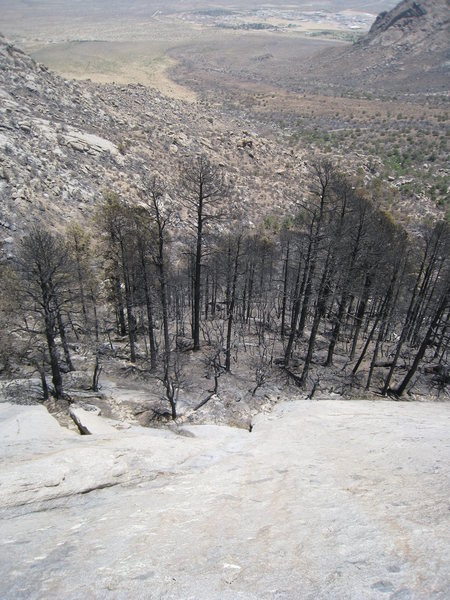Looking down from the top of P1 (taken after the 2011 fire which destroyed the nice pine forest at the base of the route)