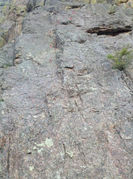 Upper section of P1 of Down On The Pharm, showing approximate locations of the bolts. The uppermost bolt shown is bolt #9.