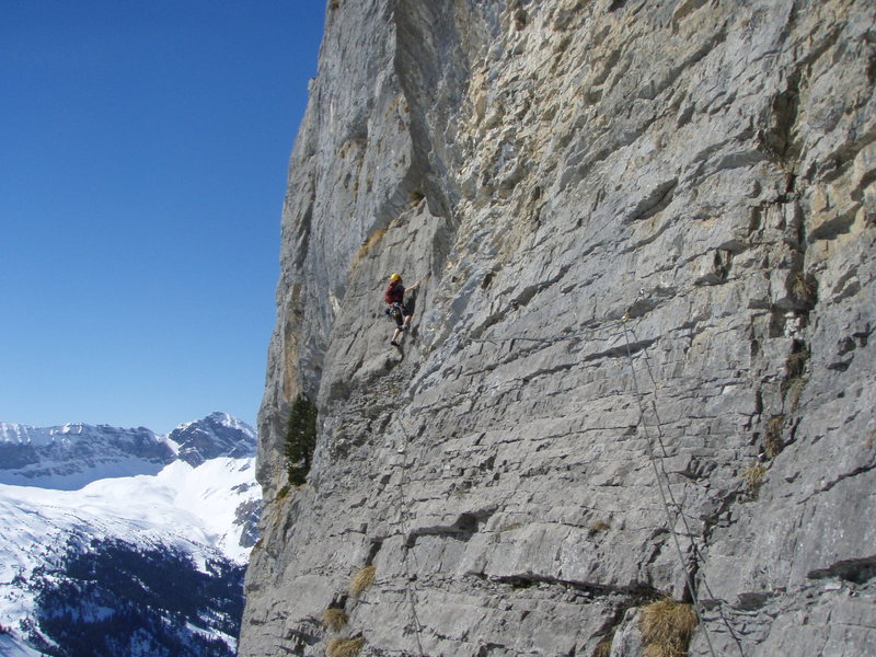 Pitch three from below, showing the easy traversing terrain.