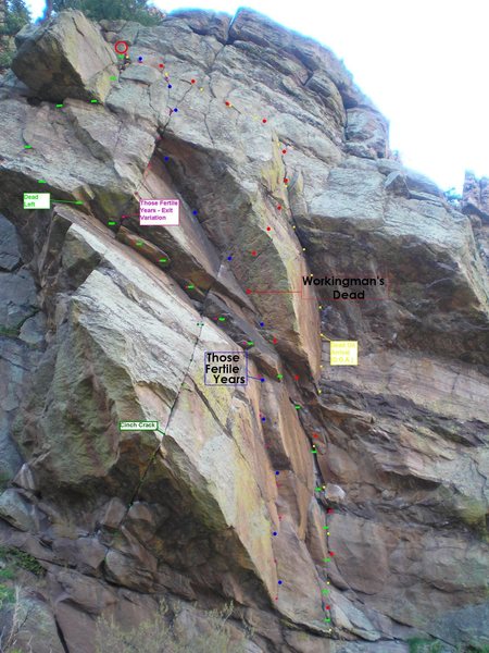 An overview of the routes here on this chunk of rock. Thanks to Kent McClannan for the image.
