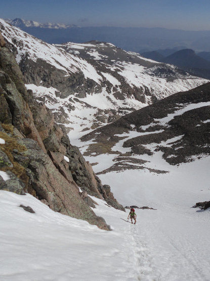 Ascending 600-foot snow field to reach the start of Dreamweaver