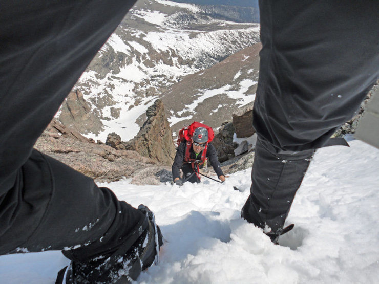 Final snow field to the summit ridge. Overall firm kick steps w/ limited post-holing up to mid-thigh on route. High in Allenspark that day was 69 degrees.