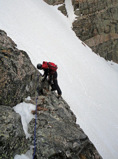 Almost to the apron of the Loft for a great glissade. We rapped-off some pitons on the lower ramp.