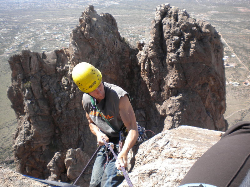 Rapping of the top of Grandfather Hobgoblin. We did some off shoots to climbers right of the regular route. Also fun, but quite dirty and loose! Ah the Superstitions!!!