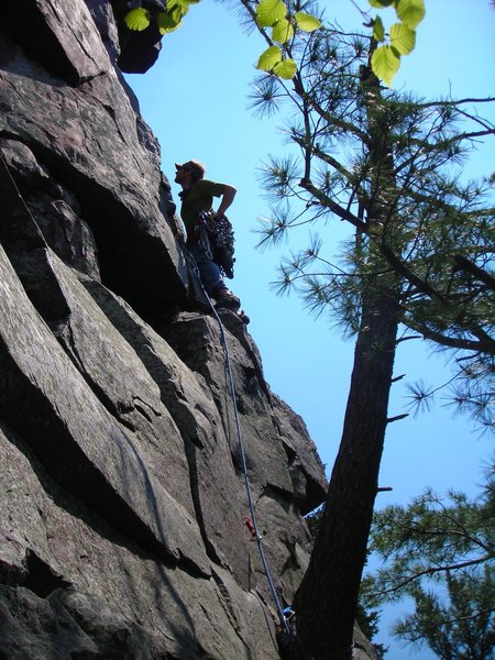 Mike Sohasky leading the second pitch of adventure climb "Jungle Gym". Major Mass, Devils's Lake.