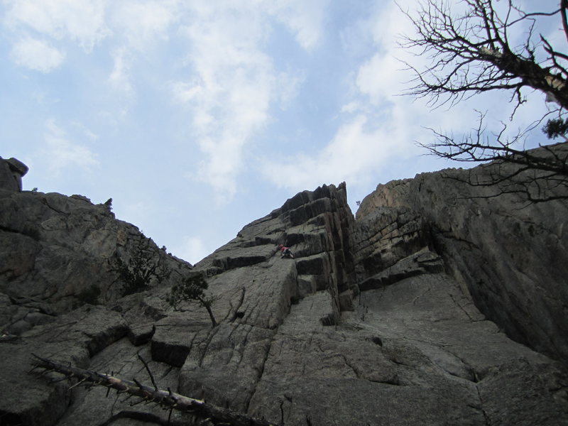 I was trying to avoid rope drag by starting high and left on a pedestal and traversing into the route. It didn't really cut down on drag (though drag wasn't terrible), but it did make me about 20 feet runout on 5.9 thin face moves.