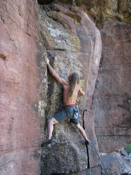 Mike K. at the first crux of Corner Pocket.