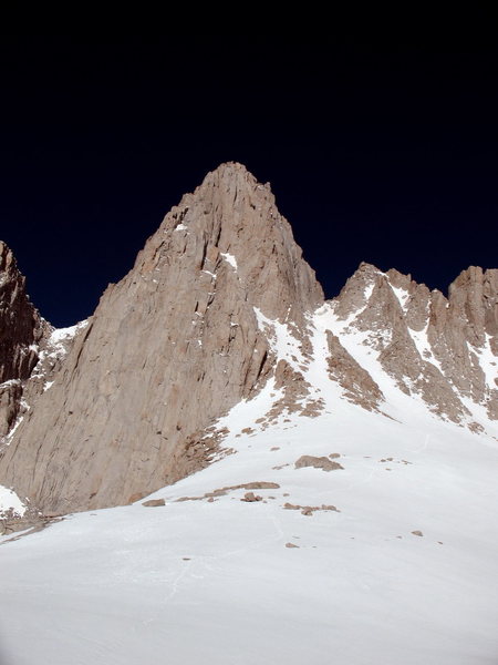 Looking up at the East Face of Mt Whitney and the Mountaineer's Route from Iceberg Lake, June 2011