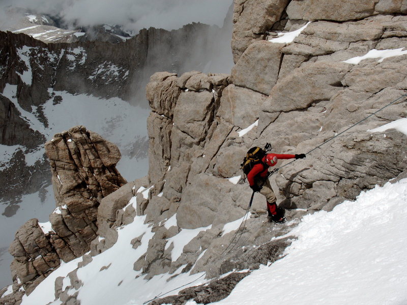 JD rappelling past the mixed steps above the notch, Mountaineer's Route ...