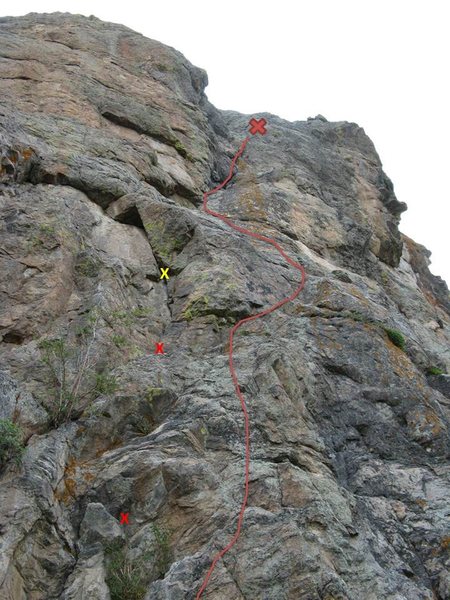 The line I chose. Small red Xs are gear placements, yellow X is fixed cam. Top X is belay (look for old rusty pin/ring).